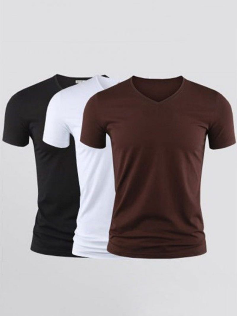 T-shirts Pour Hommes Décontractés Col V Manches Courtes - Marron Foncé