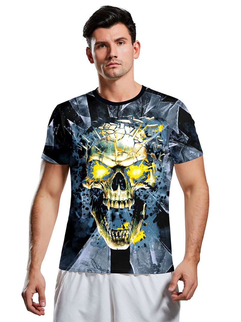 T-shirts Pour Hommes Effrayant Halloween Motif Serpent Bijou Cou Squelette Manches Courtes Chemisier - Bleu Profond