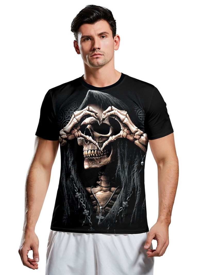 T-shirts Pour Hommes Effrayant Halloween Motif Serpent Bijou Cou Squelette Manches Courtes Chemisier - Noir