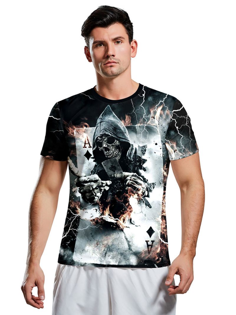 T-shirts Pour Hommes Effrayant Halloween Motif Serpent Bijou Cou Squelette Manches Courtes Chemisier - Blanc